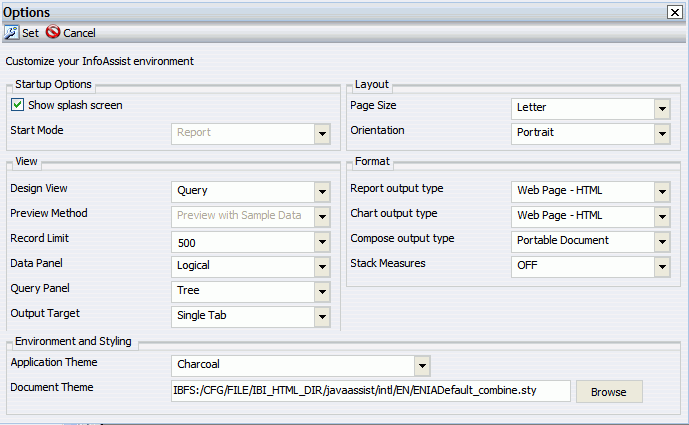 Options window in InfoAssist