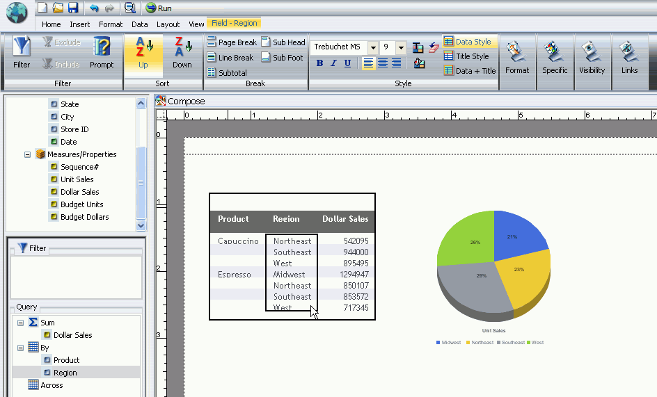 Compound Document with a report column selected