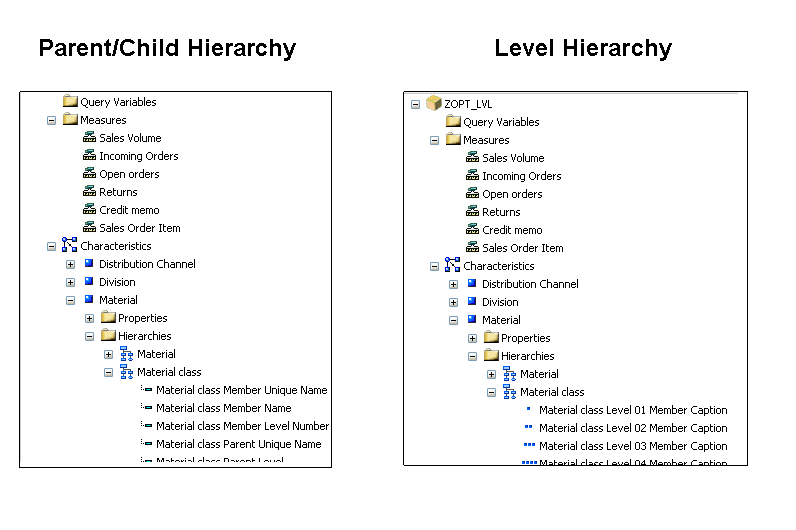 Parent Child and Level hierarchy display example