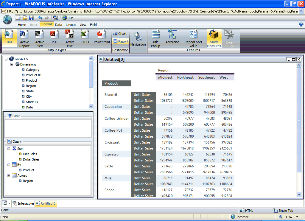 Interactive Design view with the Stacked Measures button of the Features group selected